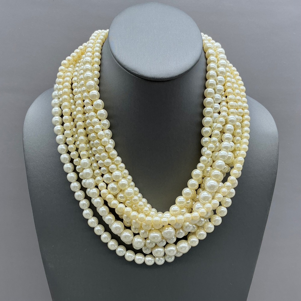 Multi Strand Faux Pearl Necklace Women Cream White Chunky Statement Toggle Clasp